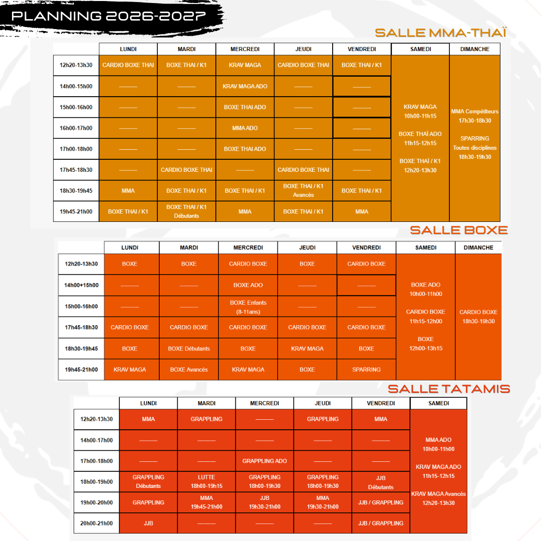 Planning des cours du Toulouse Fight Club Montaudran - semaine type