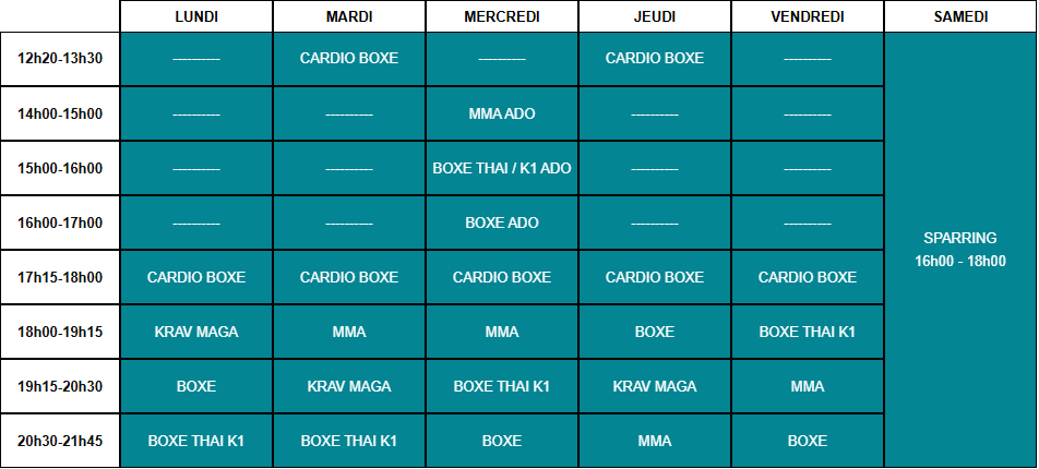 Planning des cours du Toulouse Fight Club Saint Michel - semaine type